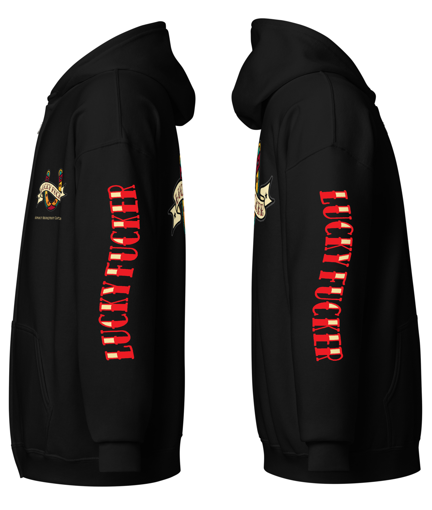 
                  
                    Left side view of the Lucky Fucker Heavy Zipper Hoodie in black by Asphalt Anarchist Clothing Co. Featuring full-back American Traditional tattoo-style Lucky Fucker banner across a horseshoe artwork and stitched sleeve details. AI Generated Image.
                  
                