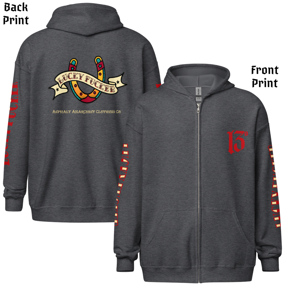 
                  
                    Back and front view of the Lucky Fucker Heavy Zipper Hoodie in dark heather by Asphalt Anarchist Clothing Co. Featuring full-back American Traditional tattoo-style Lucky Fucker banner across a horseshoe artwork and stitched sleeve details. AI Generated Image.
                  
                