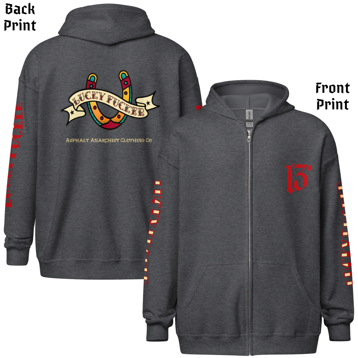 
                  
                    Back and front view of the Lucky Fucker Heavy Zipper Hoodie in dark heather by Asphalt Anarchist Clothing Co. Featuring full-back American Traditional tattoo-style Lucky Fucker banner across a horseshoe artwork and stitched sleeve details. AI Generated Image.
                  
                