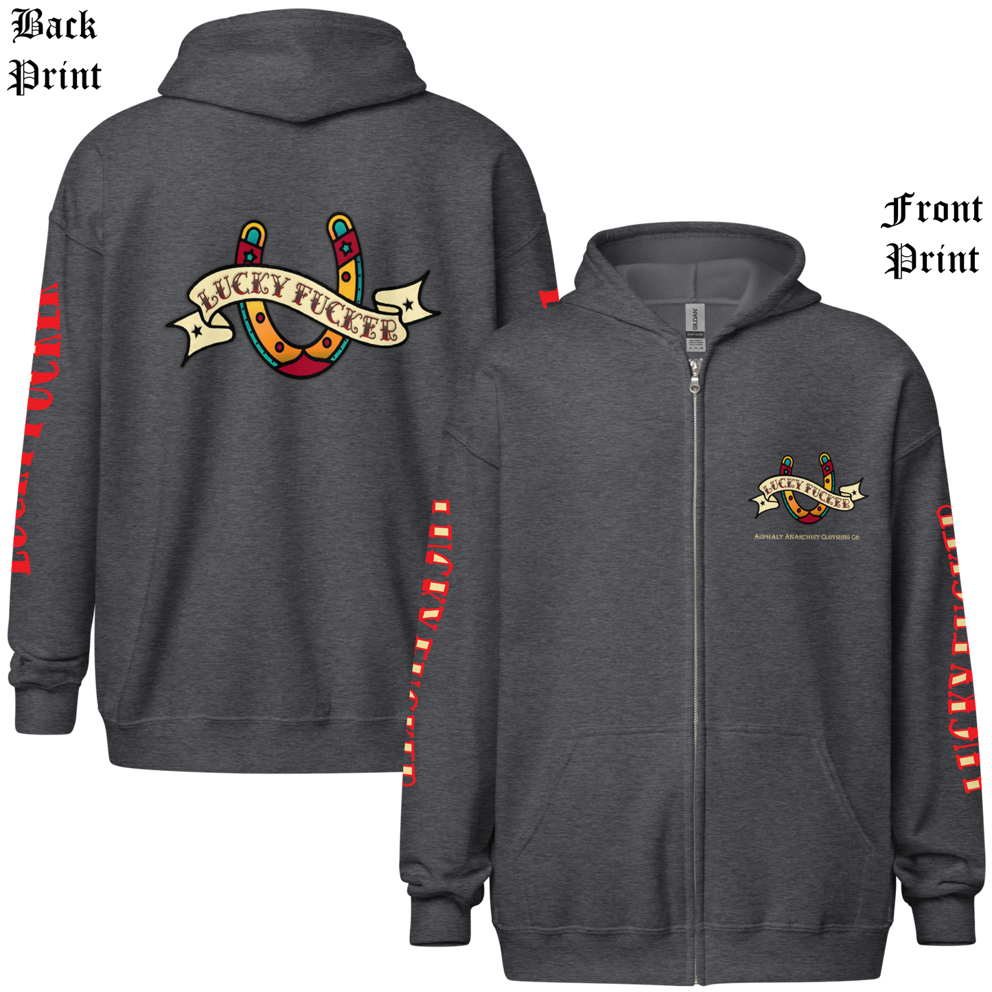 
                  
                    Back and front view of the Lucky Fucker Heavy Zipper Hoodie in dark heather by Asphalt Anarchist Clothing Co. Featuring full-back American Traditional tattoo-style Lucky Fucker banner across a horseshoe artwork and stitched sleeve details. AI Generated Image.
                  
                