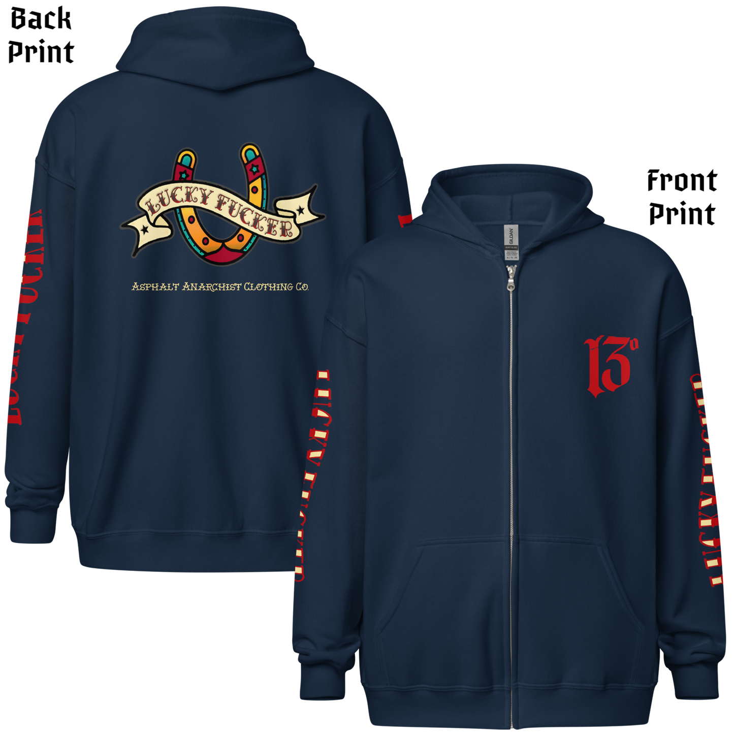 
                  
                    Back and front view of the Lucky Fucker Heavy Zipper Hoodie in navy by Asphalt Anarchist Clothing Co. Featuring full-back American Traditional tattoo-style Lucky Fucker banner across a horseshoe artwork and stitched sleeve details. AI Generated Image.
                  
                