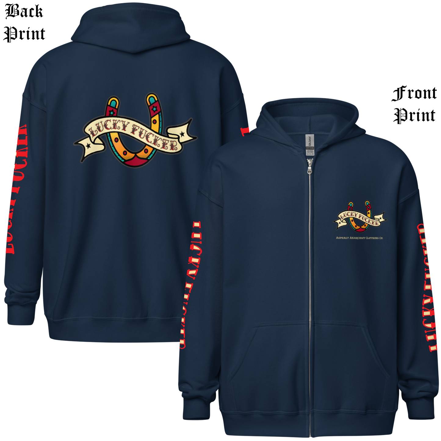 
                  
                    Back and front view of the Lucky Fucker Heavy Zipper Hoodie in navy by Asphalt Anarchist Clothing Co. Featuring full-back American Traditional tattoo-style Lucky Fucker banner across a horseshoe artwork and stitched sleeve details. AI Generated Image.
                  
                