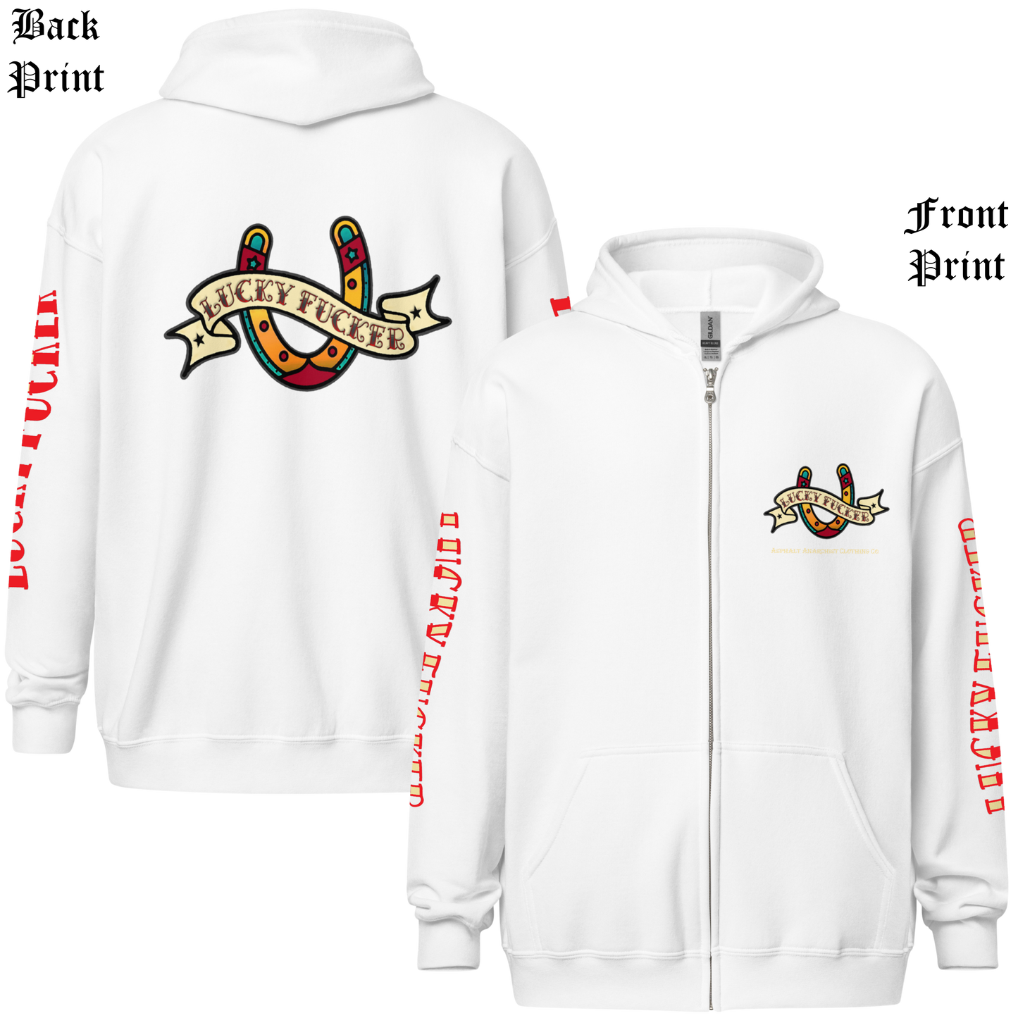 
                  
                    Back and front view of the Lucky Fucker Heavy Zipper Hoodie in white by Asphalt Anarchist Clothing Co. Featuring full-back American Traditional tattoo-style Lucky Fucker banner across a horseshoe artwork and stitched sleeve details. AI Generated Image.
                  
                