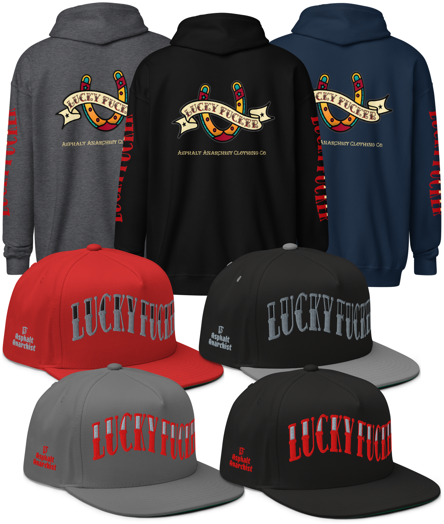 Back collage view of the Lucky Fucker Heavy Zipper Hoodie in black, navy, or gray and the Lucky Fucker Snapback in four available colors by Asphalt Anarchist Clothing Co. Featuring American traditional tattoo horseshoe & banner artwork and sailor font details. AI Generated Image.