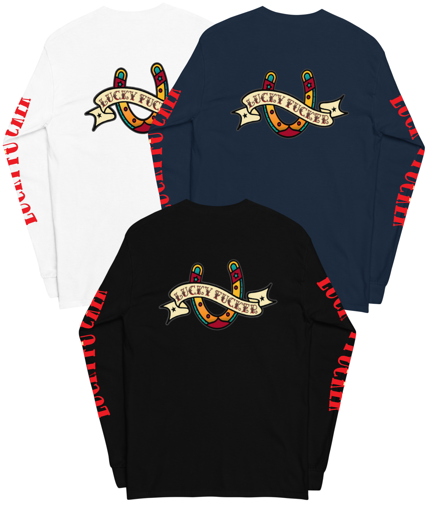 Front collage view of the Asphalt Anarchist Lucky Fucker Long Sleeve Tee in black, navy, or white. American traditional Tattoo flash-inspired back design, cursed chest hit, and bold sleeve typography. AI Generated Image.