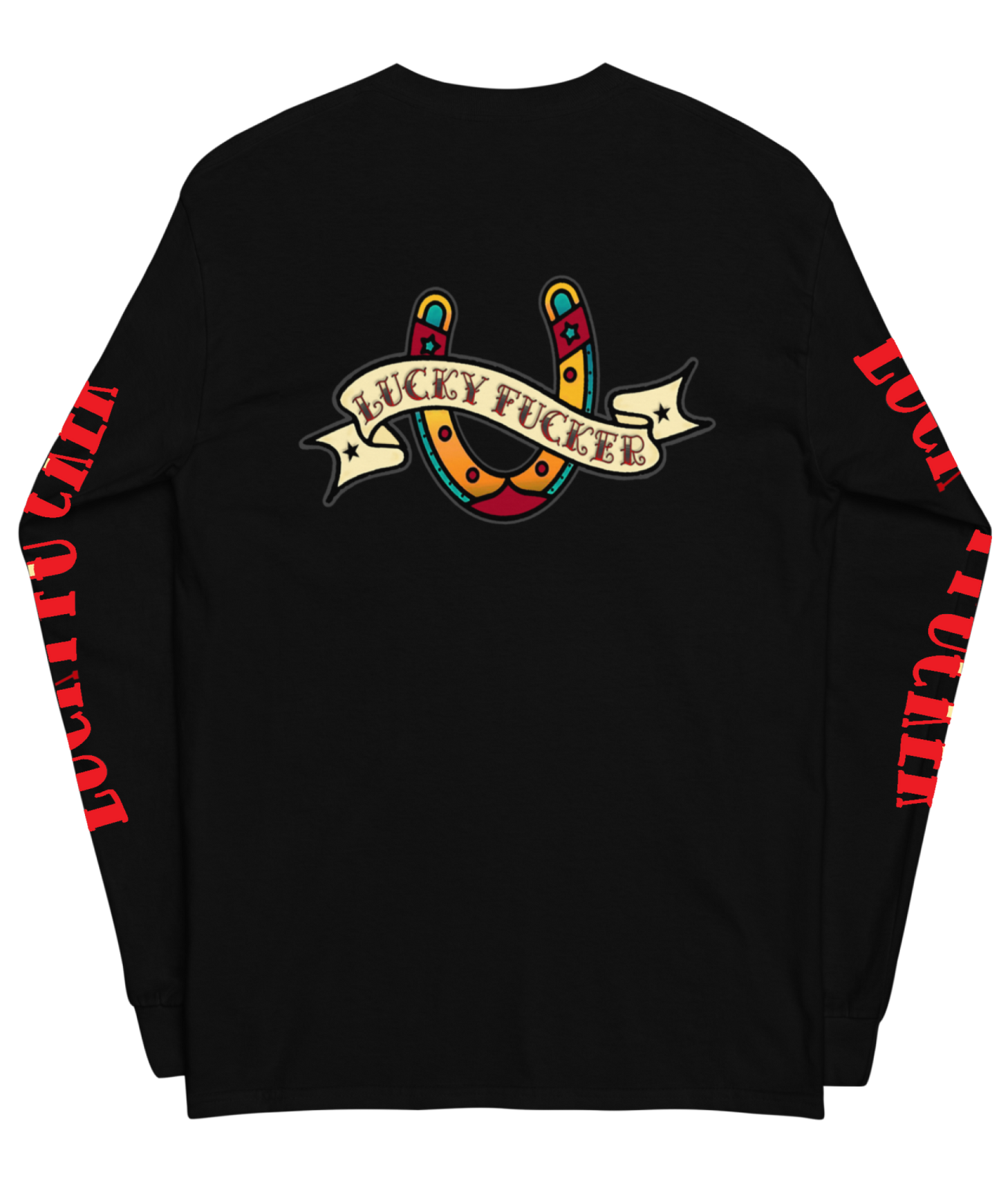 Front view of the Asphalt Anarchist Lucky Fucker Long Sleeve Tee in black. American traditional Tattoo flash-inspired back design, cursed chest hit, and bold sleeve typography. AI Generated Image.
