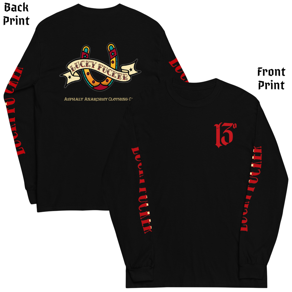 
                  
                    Front and back view of the Asphalt Anarchist Lucky Fucker Long Sleeve Tee in black. American traditional Tattoo flash-inspired back design, cursed chest hit, and bold sleeve typography. AI Generated Image.
                  
                