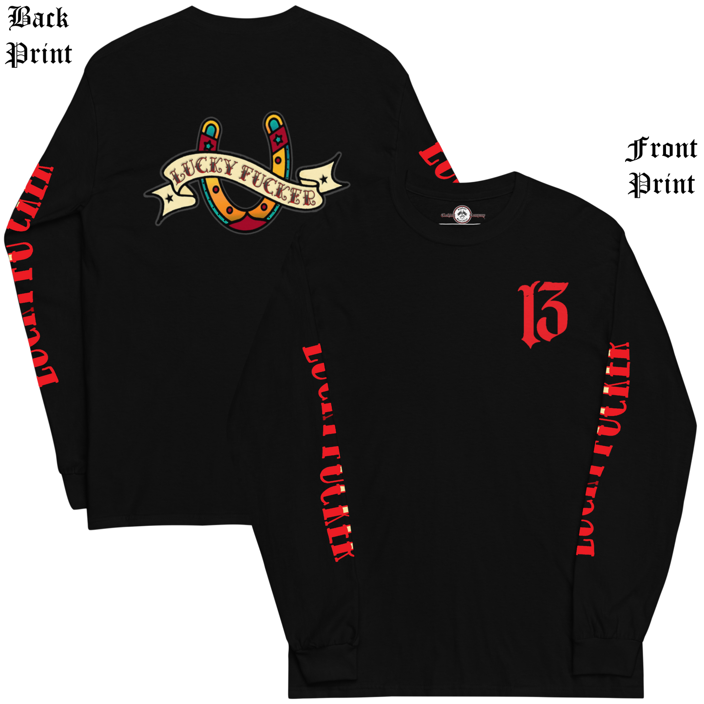 
                  
                    Front and back view of the Asphalt Anarchist Lucky Fucker Long Sleeve Tee in black. American traditional Tattoo flash-inspired back design, cursed chest hit, and bold sleeve typography. AI Generated Image.
                  
                