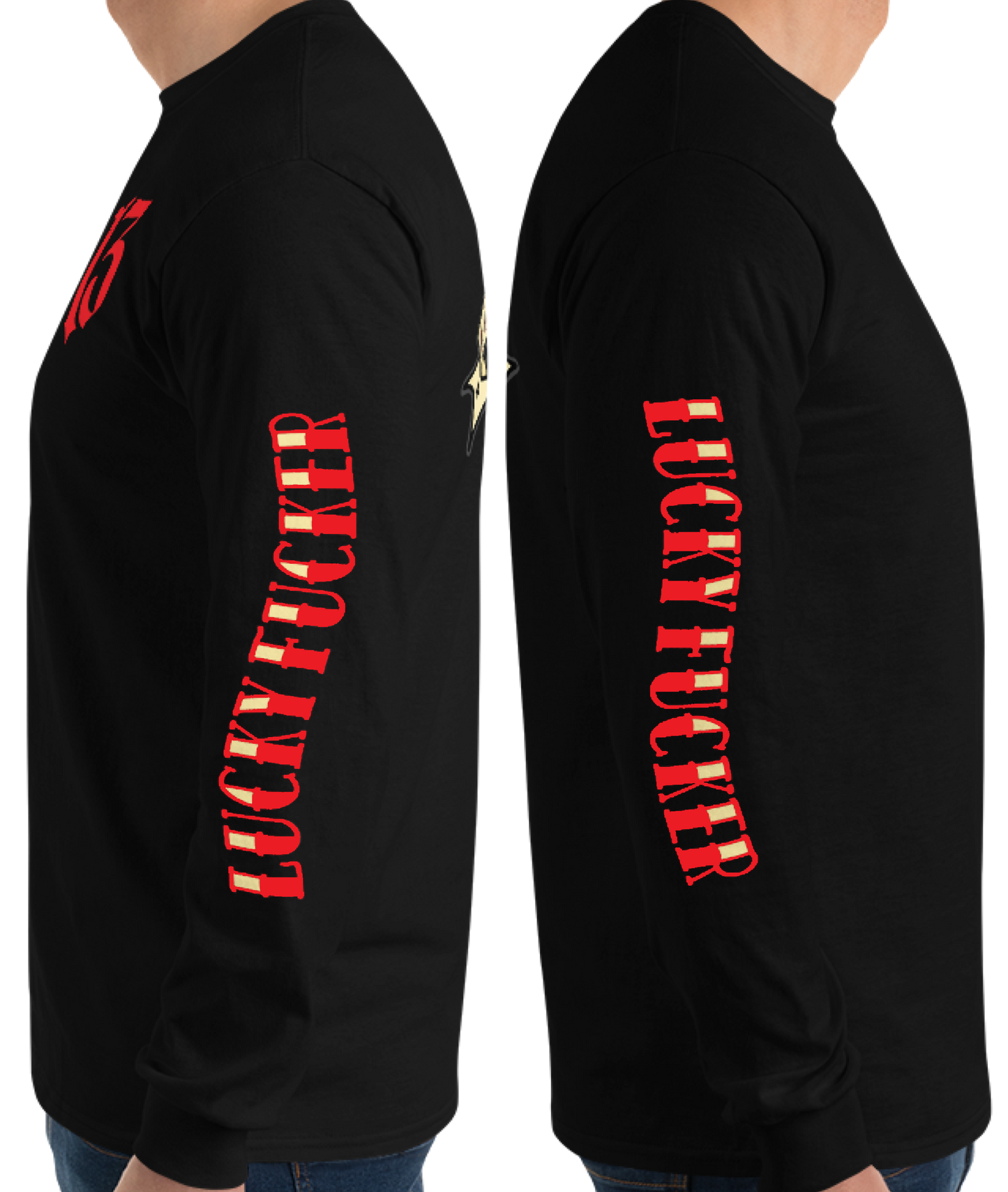 
                  
                    Left side view of the Asphalt Anarchist Lucky Fucker Long Sleeve Tee in black. American traditional Tattoo flash-inspired back design, cursed chest hit, and bold sleeve typography. AI Generated Image.
                  
                