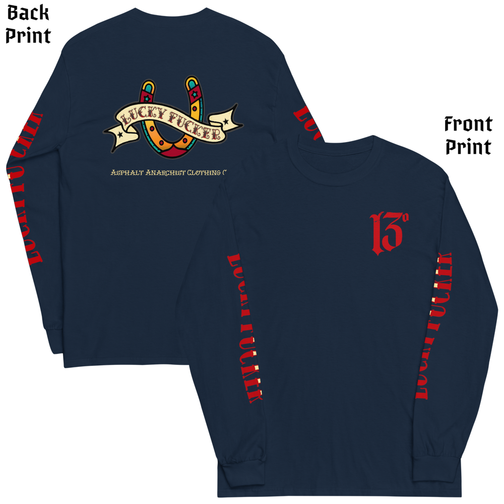 
                  
                    Front and back view of the Asphalt Anarchist Lucky Fucker Long Sleeve Tee in navy. American traditional Tattoo flash-inspired back design, cursed chest hit, and bold sleeve typography. AI Generated Image.
                  
                