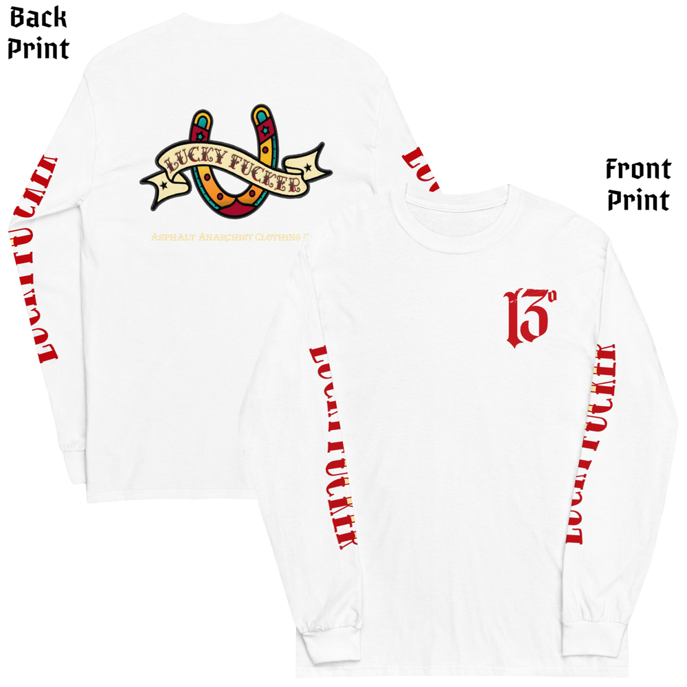 
                  
                    Front and back view of the Asphalt Anarchist Lucky Fucker Long Sleeve Tee in white. American traditional Tattoo flash-inspired back design, cursed chest hit, and bold sleeve typography. AI Generated Image.
                  
                