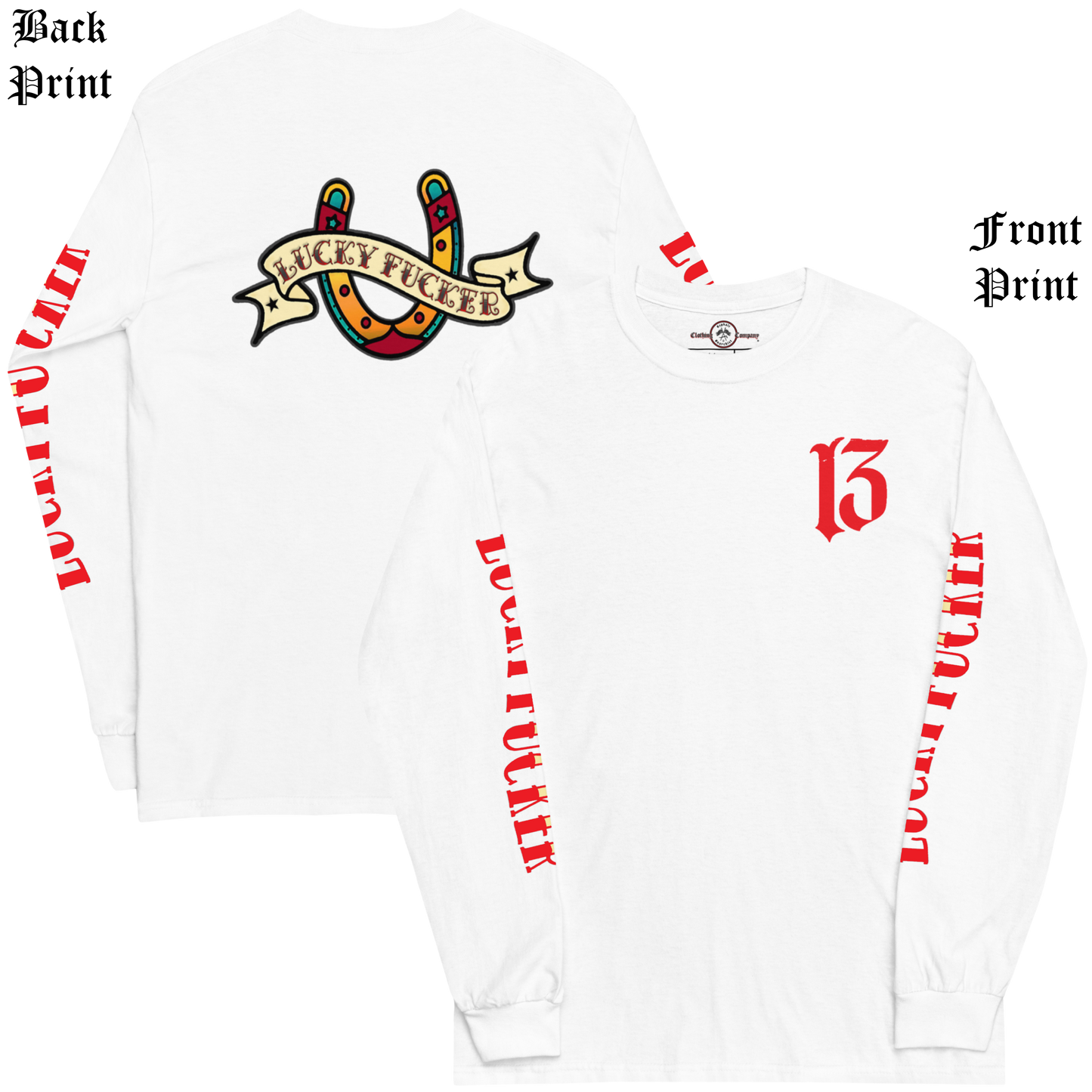 
                  
                    Front and back view of the Asphalt Anarchist Lucky Fucker Long Sleeve Tee in white. American traditional Tattoo flash-inspired back design, cursed chest hit, and bold sleeve typography. AI Generated Image.
                  
                