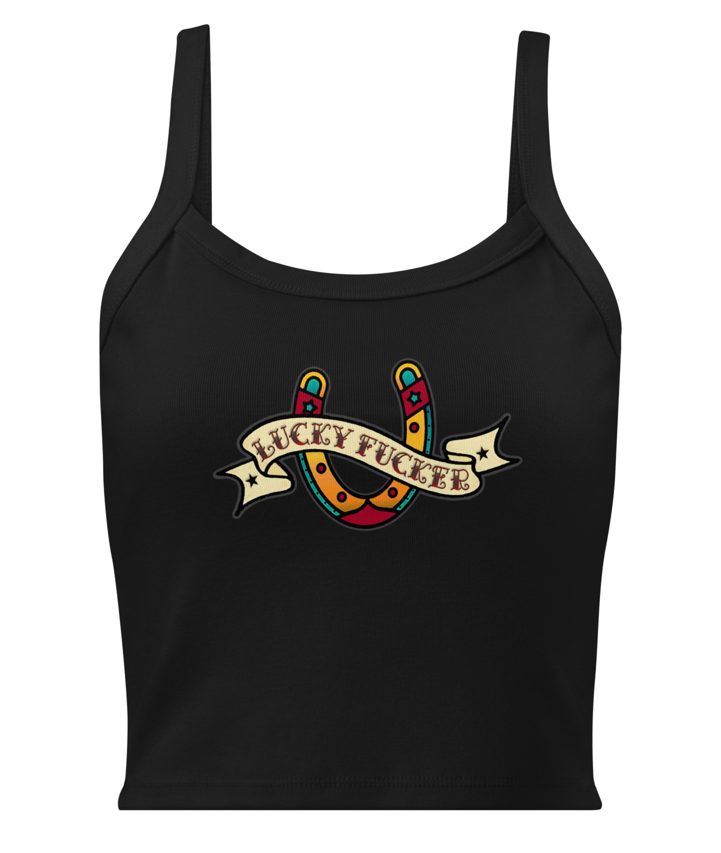 Front view of the Women’s Lucky Fucker Tank Top in black from Asphalt Anarchist with vintage-inspired horseshoe banner and back 13 flash. AI Generated Image.