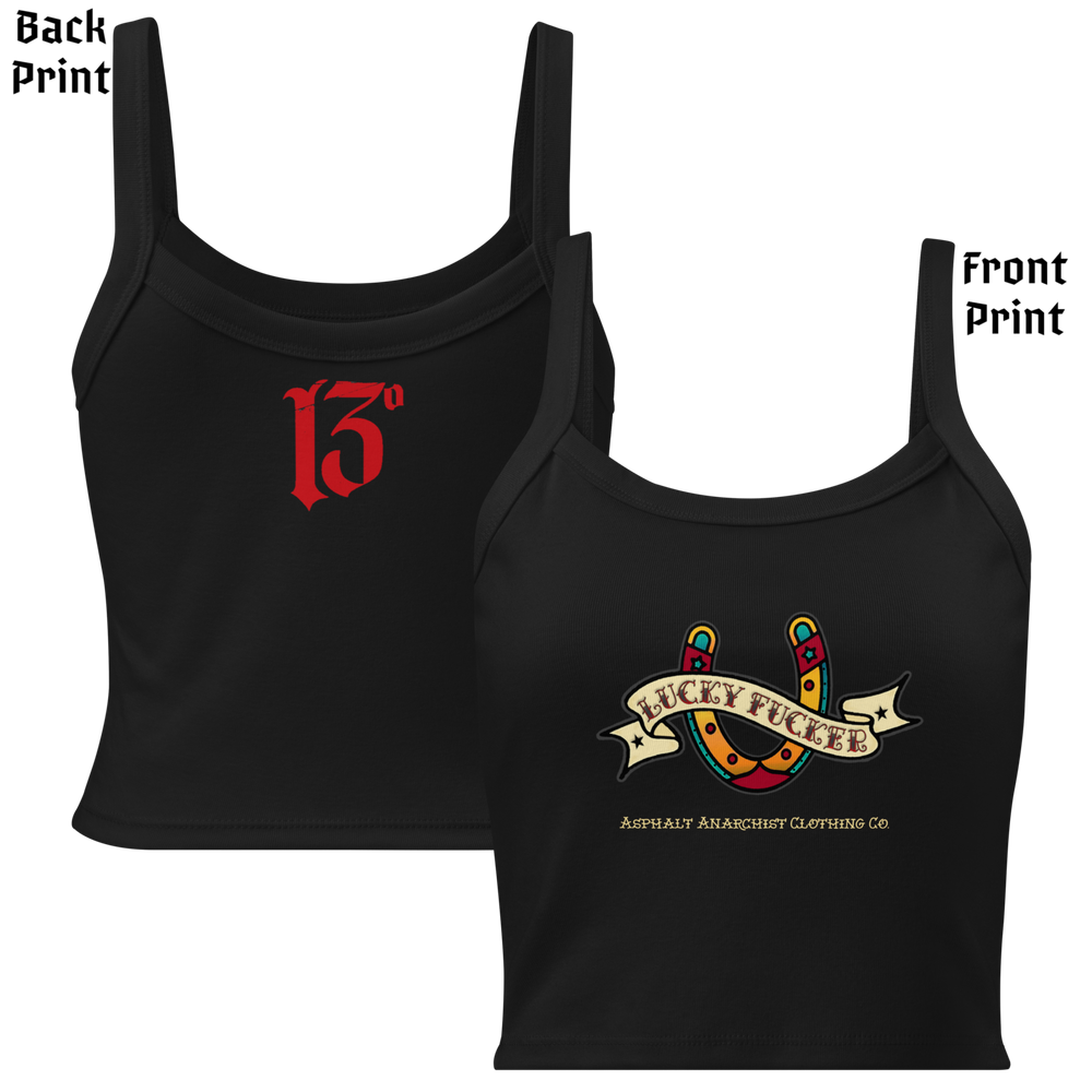 
                  
                    Front & back view of the Women’s Lucky Fucker Tank Top in black from Asphalt Anarchist with vintage-inspired horseshoe banner and back 13 flash. AI Generated Image.
                  
                