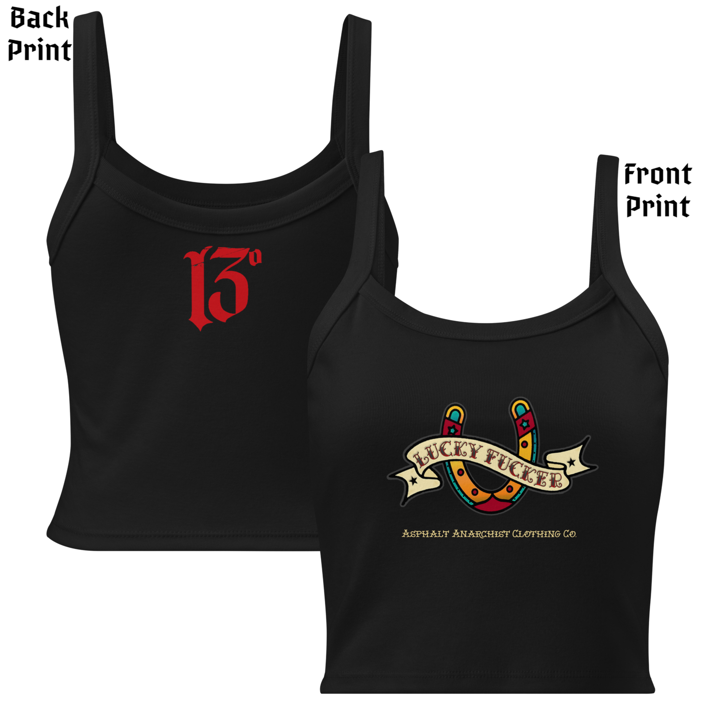 
                  
                    Front & back view of the Women’s Lucky Fucker Tank Top in black from Asphalt Anarchist with vintage-inspired horseshoe banner and back 13 flash. AI Generated Image.
                  
                