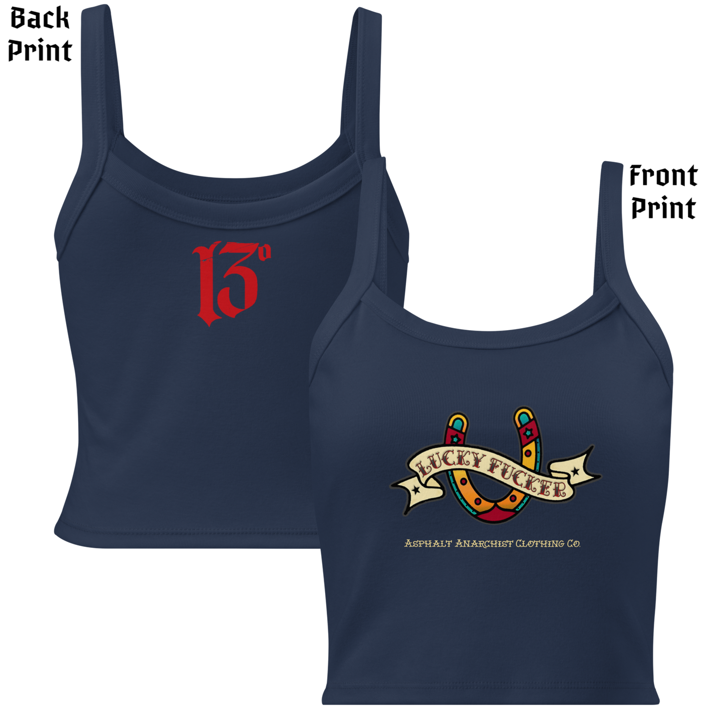 
                  
                    Front & back view of the Women’s Lucky Fucker Tank Top in navy from Asphalt Anarchist with vintage-inspired horseshoe banner and back 13 flash. AI Generated Image.
                  
                