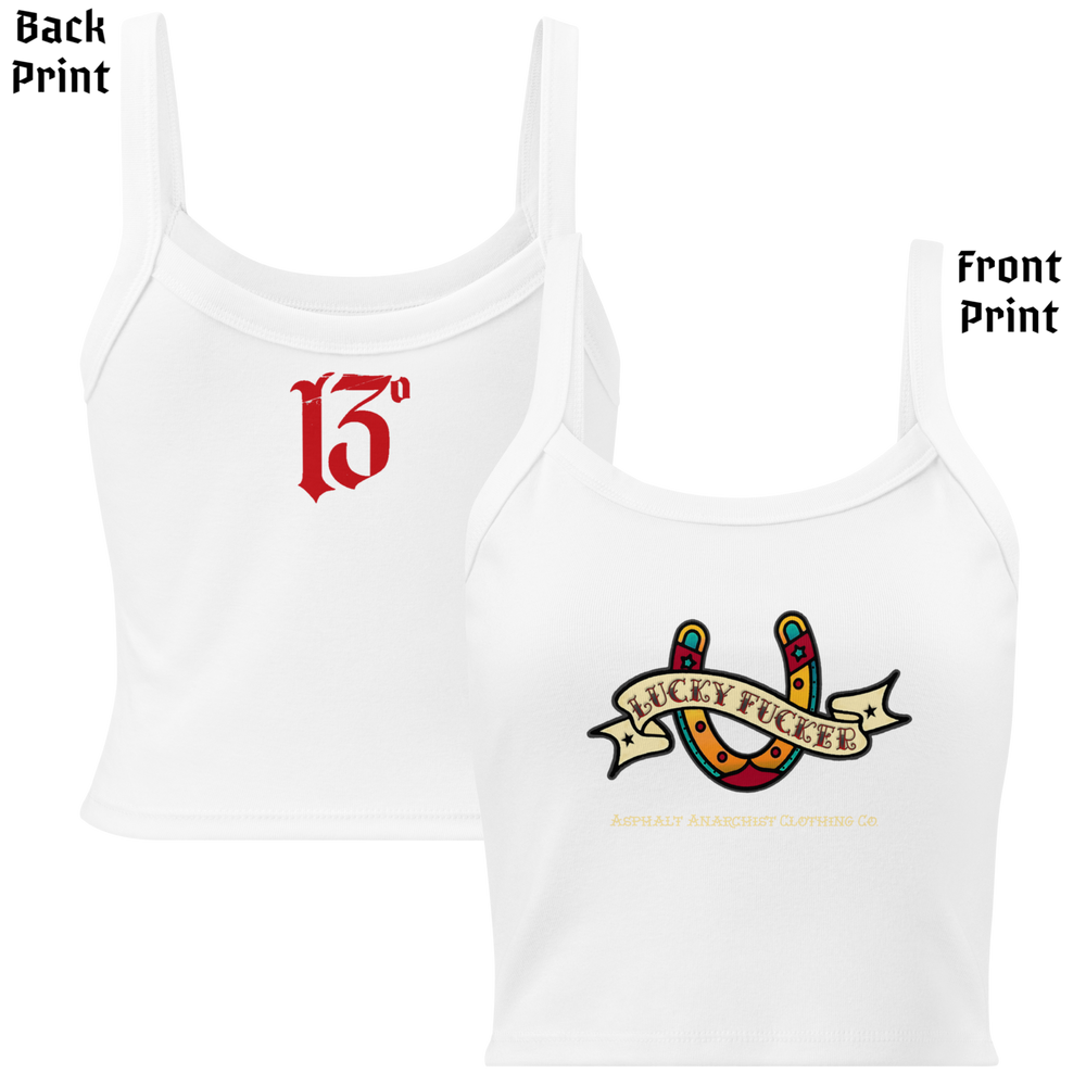 
                  
                    Front & back view of the Women’s Lucky Fucker Tank Top in white from Asphalt Anarchist with vintage-inspired horseshoe banner and back 13 flash. AI Generated Image.
                  
                