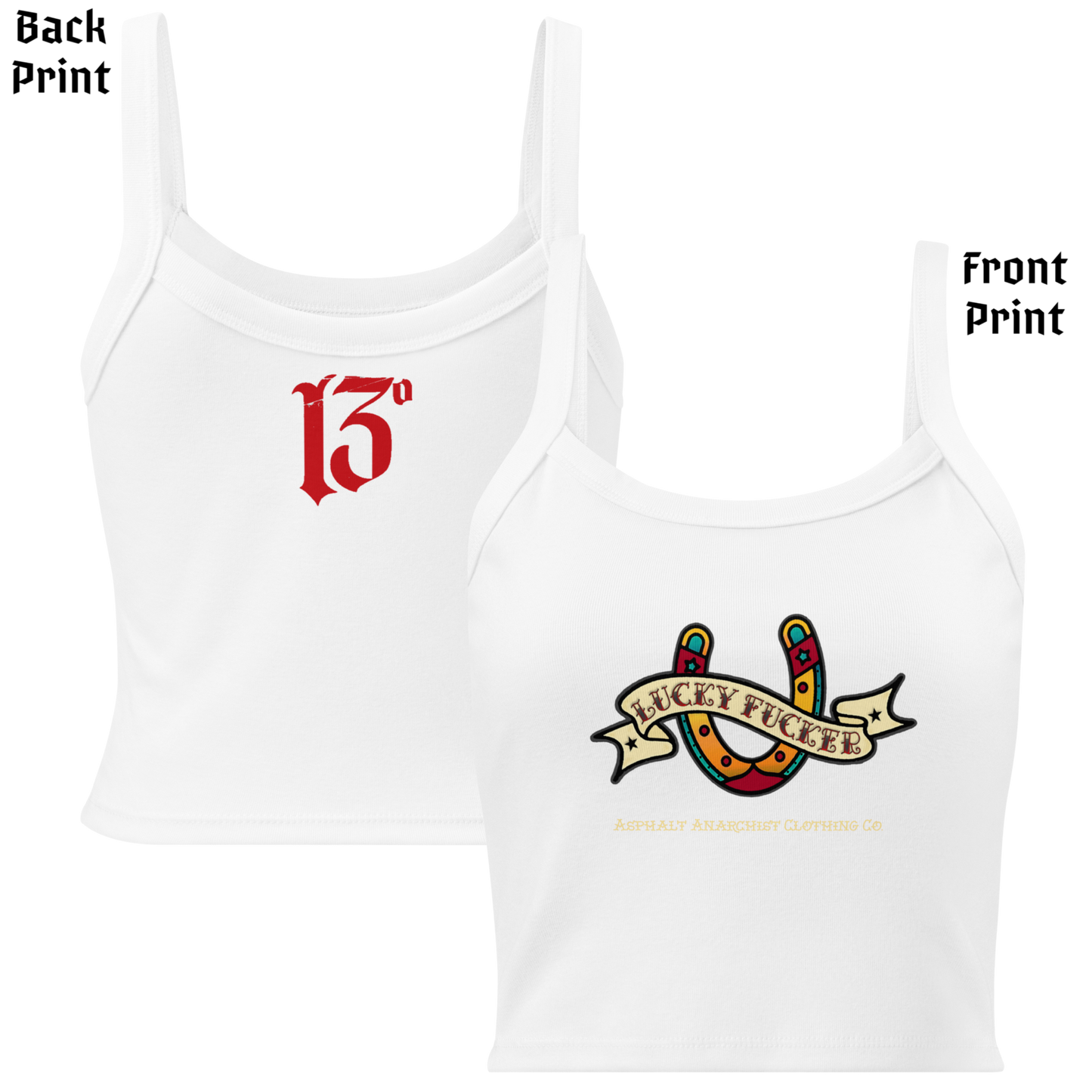 
                  
                    Front & back view of the Women’s Lucky Fucker Tank Top in white from Asphalt Anarchist with vintage-inspired horseshoe banner and back 13 flash. AI Generated Image.
                  
                