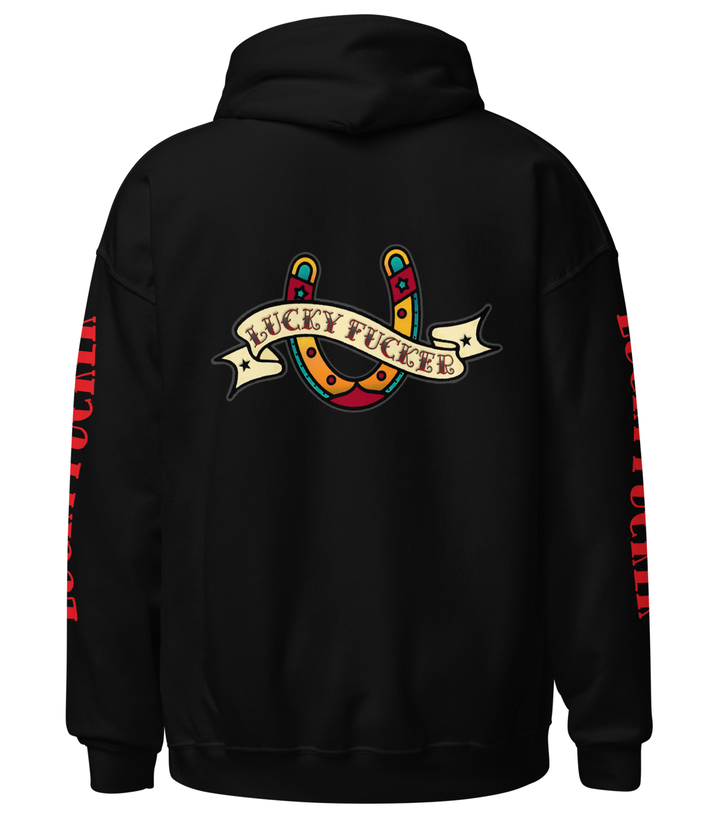 Back view of the Lucky Fucker Pullover Heavy Hoodie in black by Asphalt Anarchist featuring full-back tattoo-style design and stitched sleeve text. AI Generated Image.