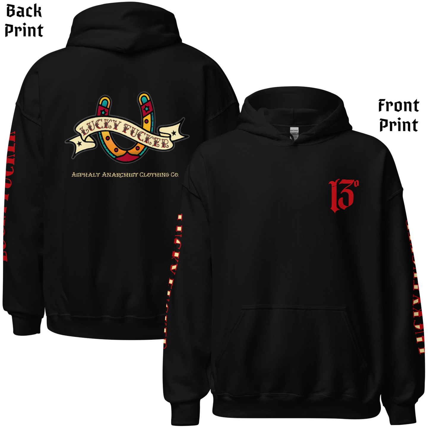 
                  
                    Back & front view of the Lucky Fucker Pullover Heavy Hoodie in black by Asphalt Anarchist featuring full-back tattoo-style design and stitched sleeve text. AI Generated Image.
                  
                