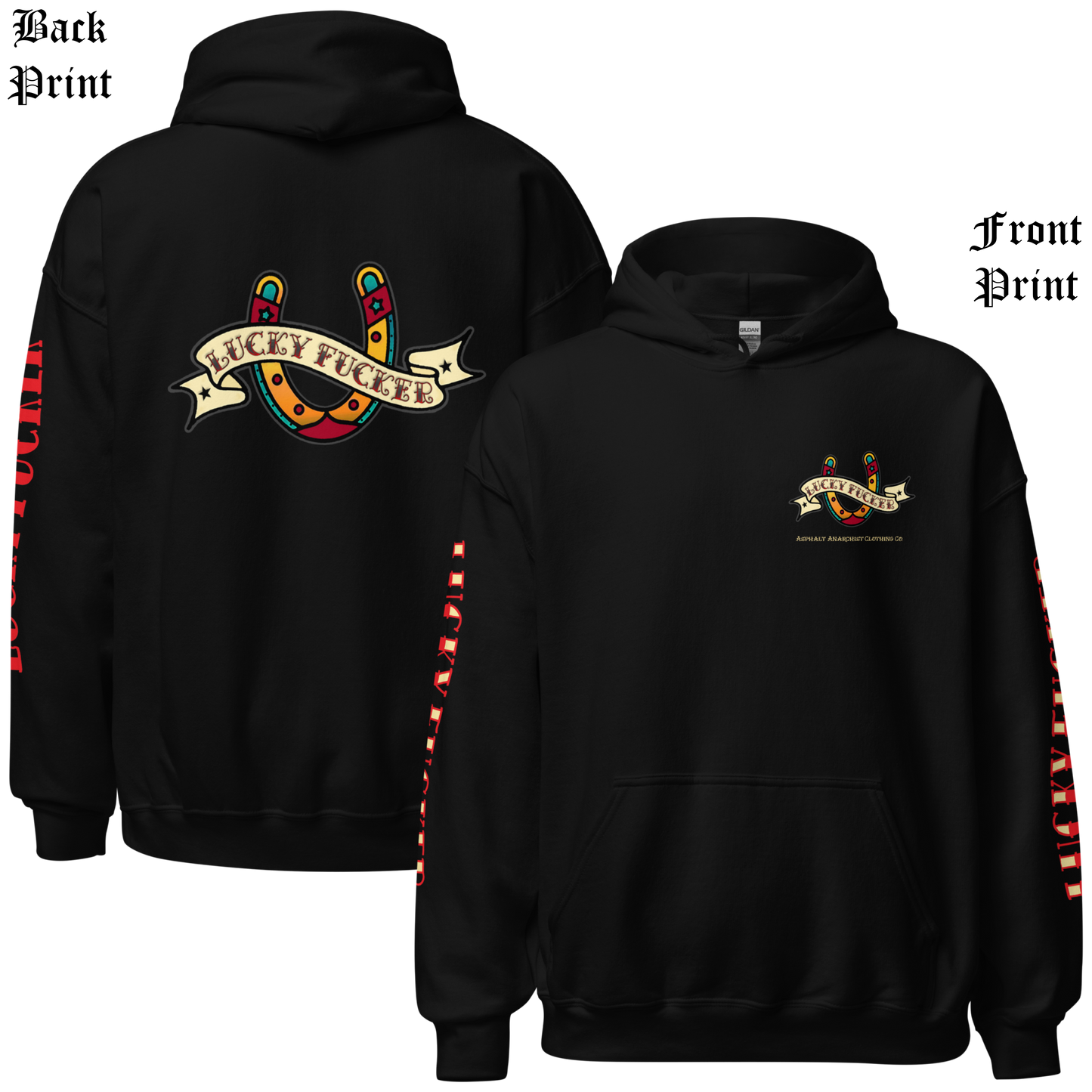 
                  
                    Back & front view of the Lucky Fucker Pullover Heavy Hoodie in black by Asphalt Anarchist featuring full-back tattoo-style design and stitched sleeve text. AI Generated Image.
                  
                