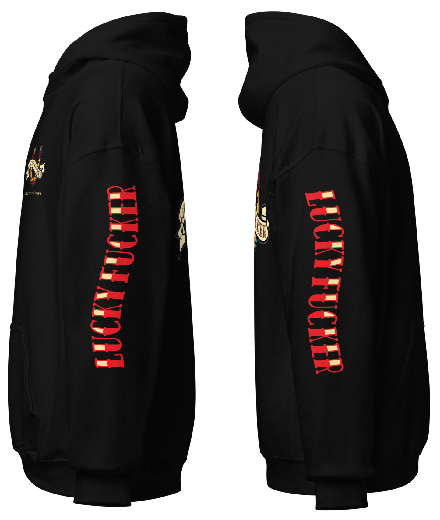 
                  
                    Left & right side view of the Lucky Fucker Pullover Heavy Hoodie in black by Asphalt Anarchist featuring full-back tattoo-style design and stitched sleeve text. AI Generated Image.
                  
                