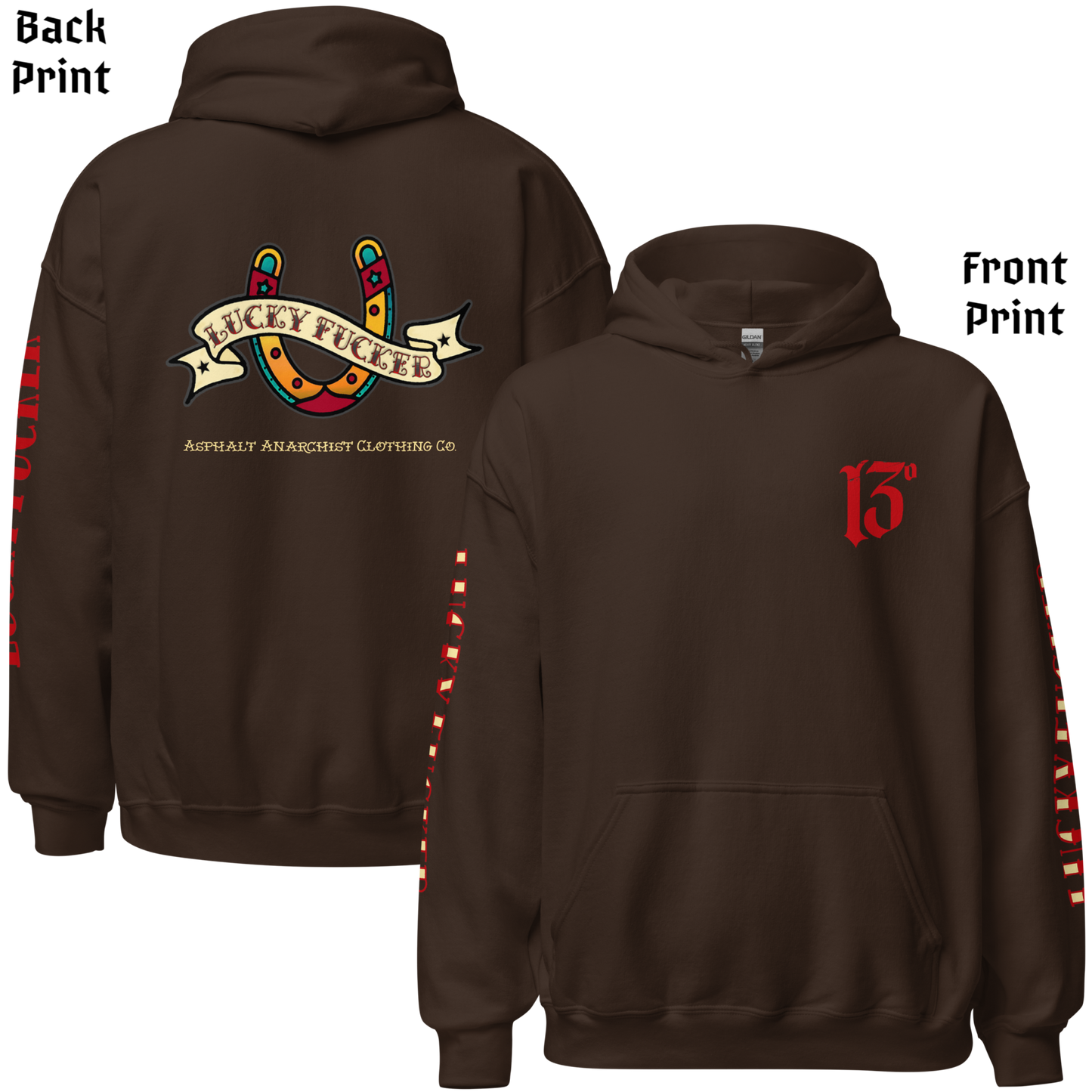 
                  
                    Back & front view of the Lucky Fucker Pullover Heavy Hoodie in brown by Asphalt Anarchist featuring full-back tattoo-style design and stitched sleeve text. AI Generated Image.
                  
                