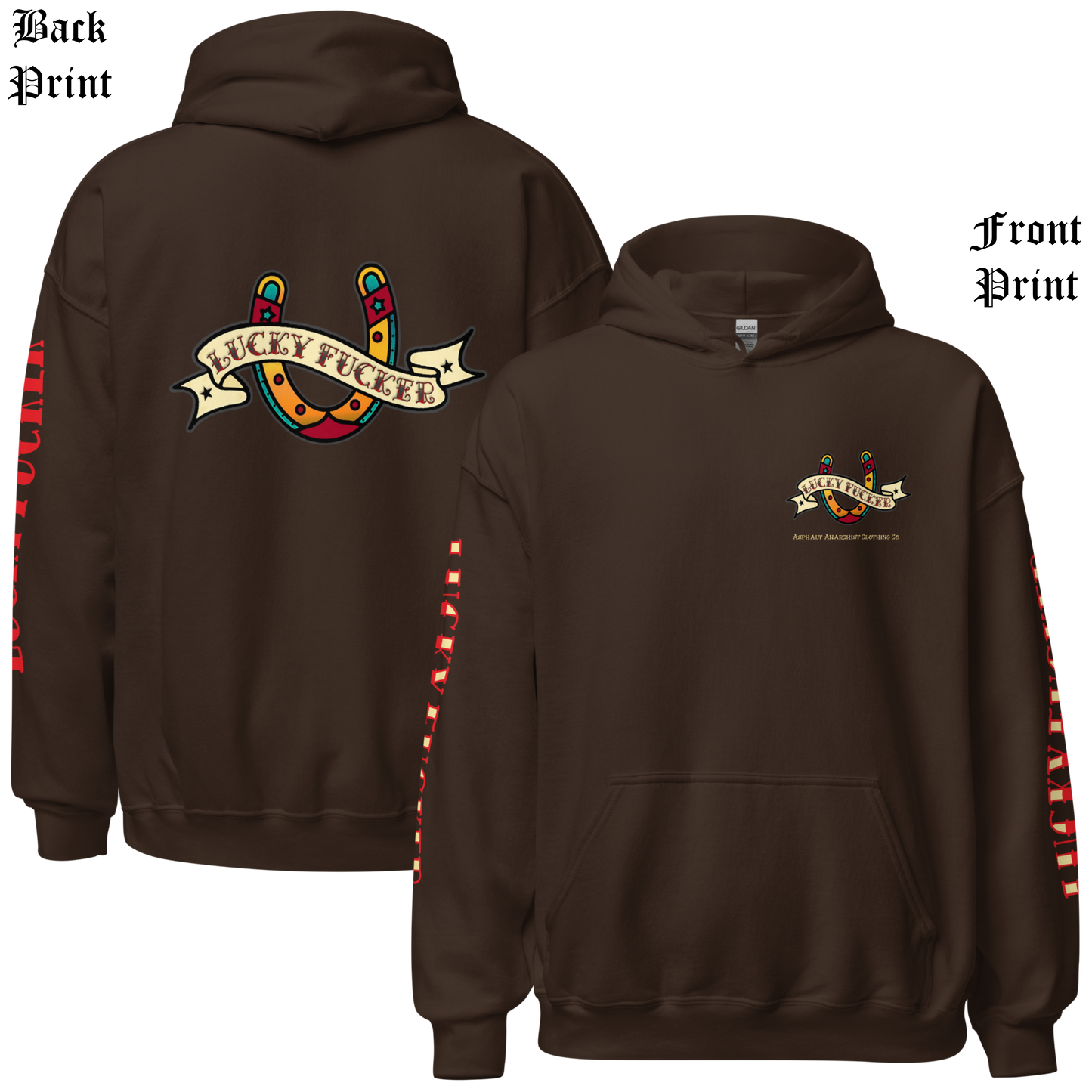 
                  
                    Back & front view of the Lucky Fucker Pullover Heavy Hoodie in brown by Asphalt Anarchist featuring full-back tattoo-style design and stitched sleeve text. AI Generated Image.
                  
                