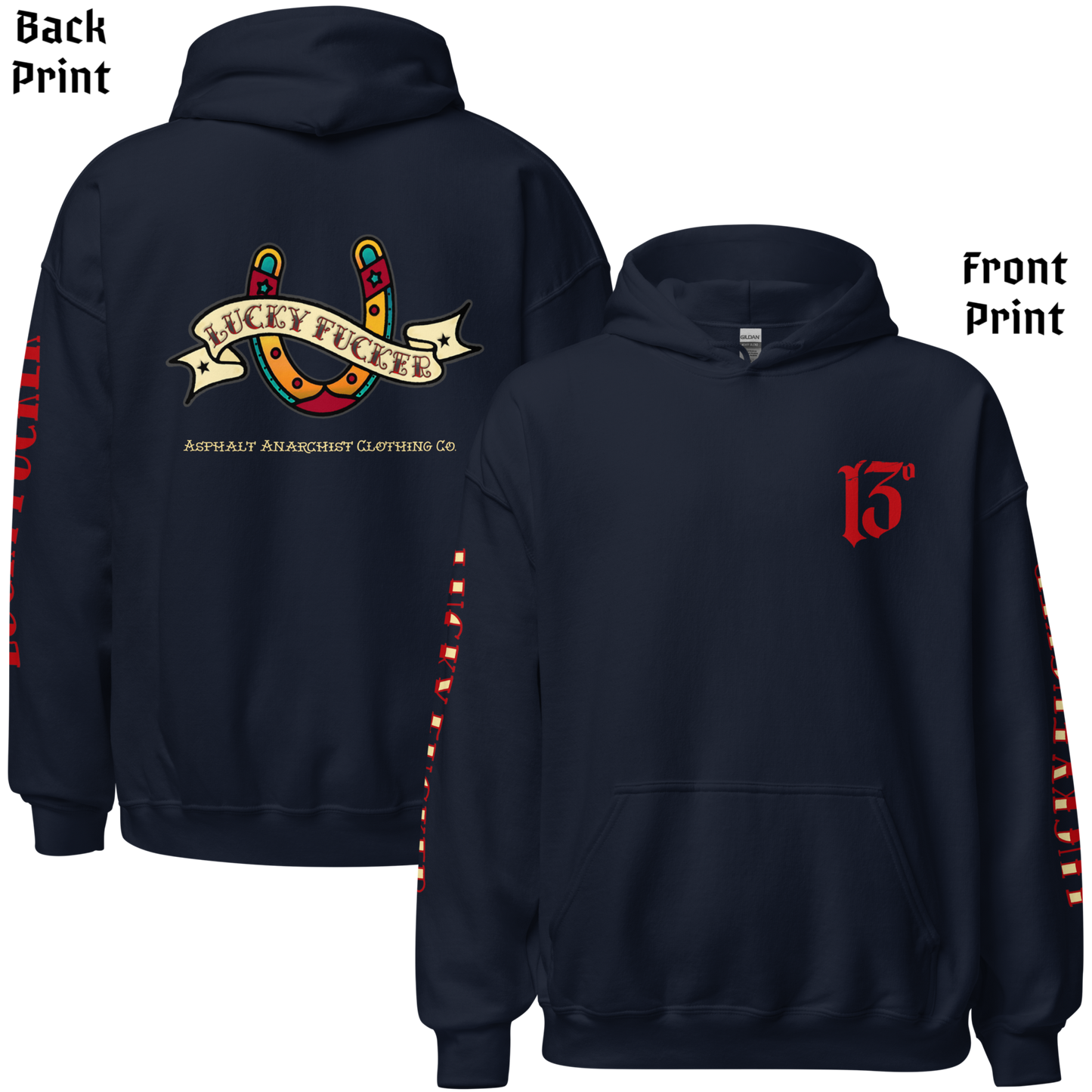 
                  
                    Back & front view of the Lucky Fucker Pullover Heavy Hoodie in navy by Asphalt Anarchist featuring full-back tattoo-style design and stitched sleeve text. AI Generated Image.
                  
                