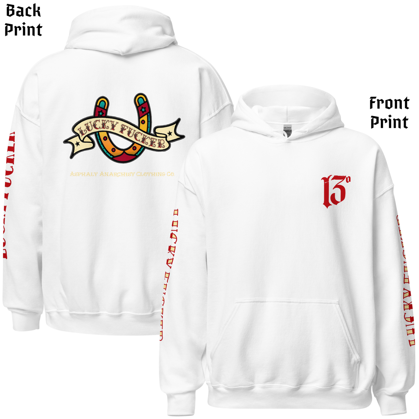 
                  
                    Back & front view of the Lucky Fucker Pullover Heavy Hoodie in white by Asphalt Anarchist featuring full-back tattoo-style design and stitched sleeve text. AI Generated Image.
                  
                