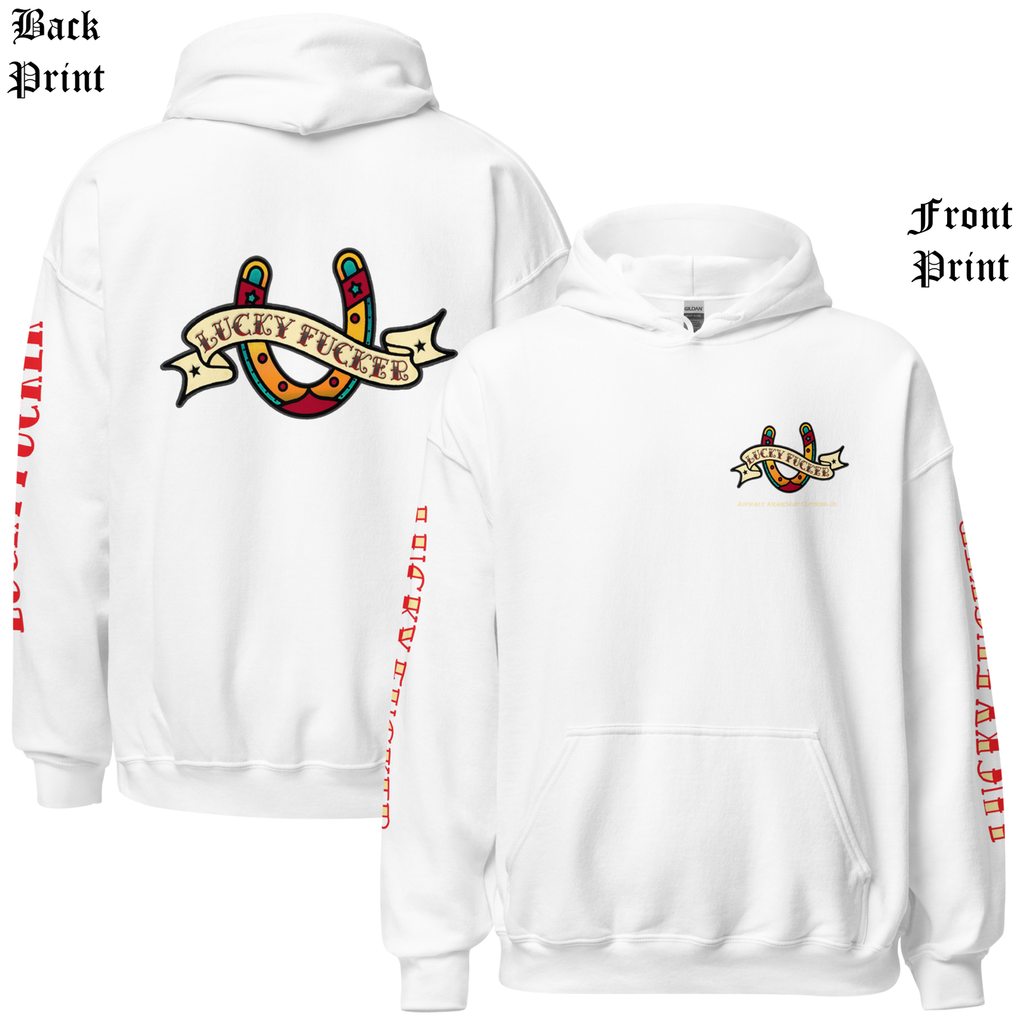 
                  
                    Back & front view of the Lucky Fucker Pullover Heavy Hoodie in white by Asphalt Anarchist featuring full-back tattoo-style design and stitched sleeve text. AI Generated Image.
                  
                