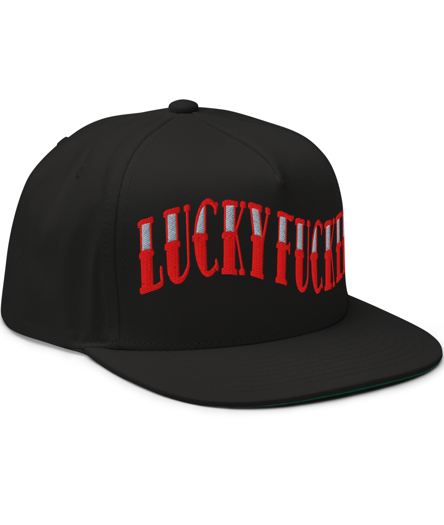 Front view of the Lucky Fucker Embroidered Snapback by Asphalt Anarchist—black 5-panel cap with “Lucky Fucker” stitched in sailor tattoo font, embroidered 13 on the back, and side logo detail. AI Generated Image.