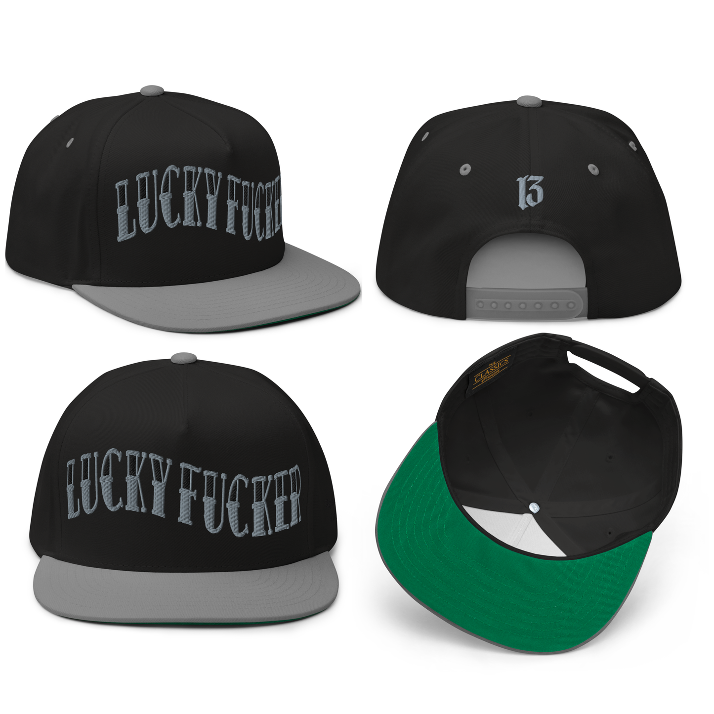 
                  
                    Front collage view of the Lucky Fucker Embroidered Snapback by Asphalt Anarchist—black & gray 5-panel cap with “Lucky Fucker” stitched in sailor tattoo font, embroidered 13 on the back, and side logo detail. AI Generated Image.
                  
                