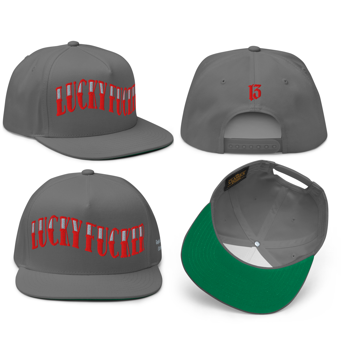 
                  
                    Front collage view of the Lucky Fucker Embroidered Snapback by Asphalt Anarchist—gray 5-panel cap with “Lucky Fucker” stitched in sailor tattoo font, embroidered 13 on the back, and side logo detail. AI Generated Image.
                  
                