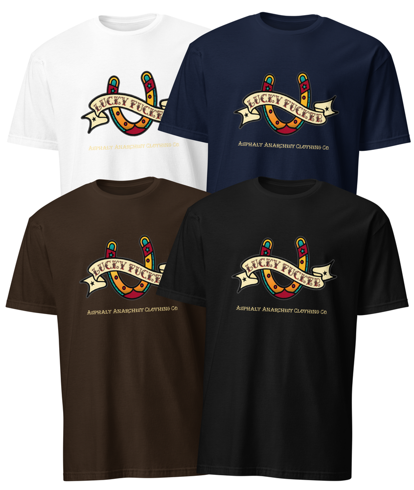 Front collage view of the Lucky Fucker Soft from Asphalt Anarchist. Soft-Style black, white, navy, or brown tee with American Traditional tattoo-inspired front graphic with “Lucky Fucker” banner, subtle 13 print on back collar. AI Generated Image.