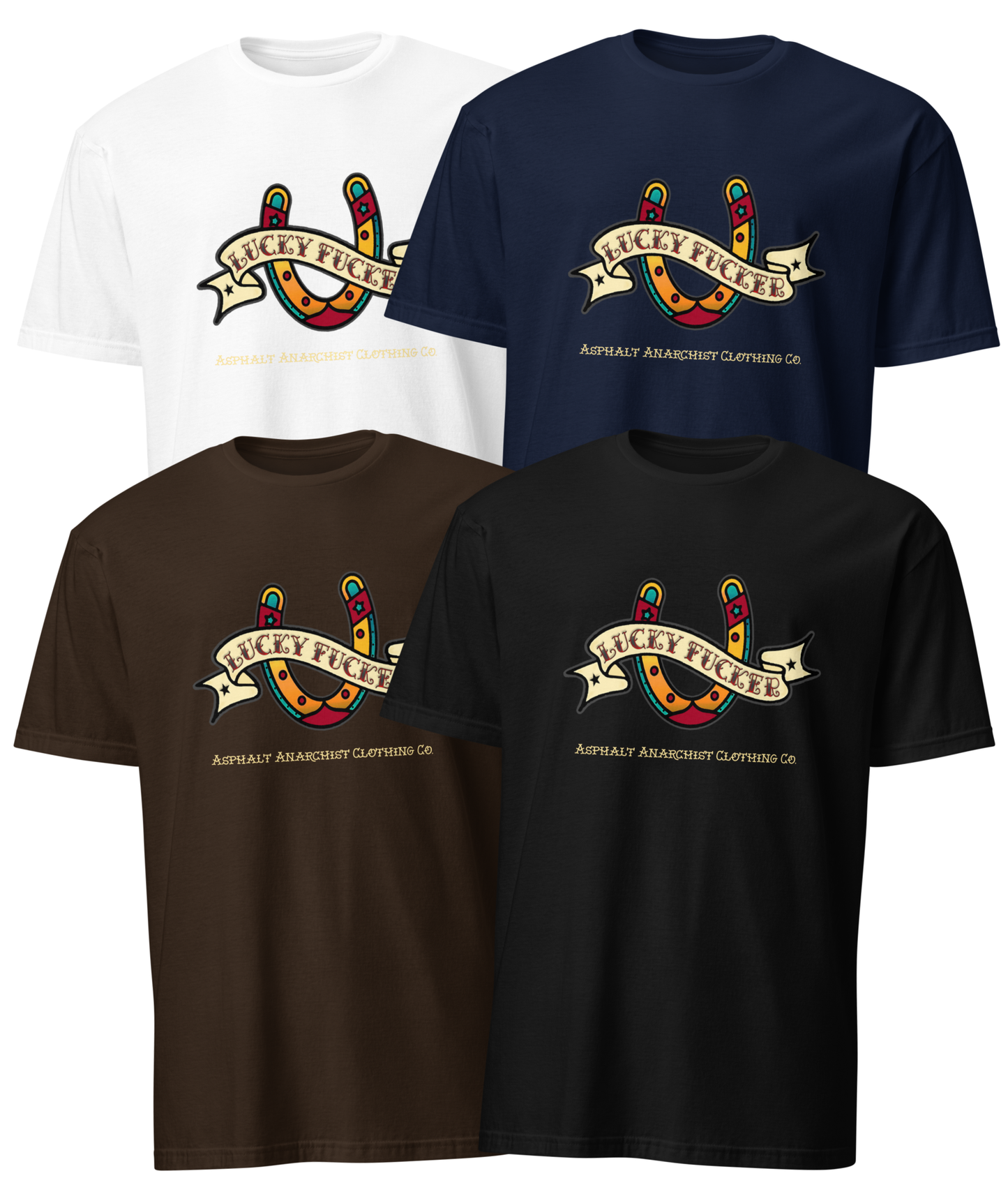 Front collage view of the Lucky Fucker Soft from Asphalt Anarchist. Soft-Style black, white, navy, or brown tee with American Traditional tattoo-inspired front graphic with “Lucky Fucker” banner, subtle 13 print on back collar. AI Generated Image.