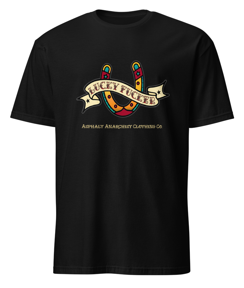 Front view of the Lucky Fucker Soft from Asphalt Anarchist. Soft-Style black tee with American Traditional tattoo-inspired front graphic with “Lucky Fucker” banner, subtle 13 print on back collar. AI Generated Image.
