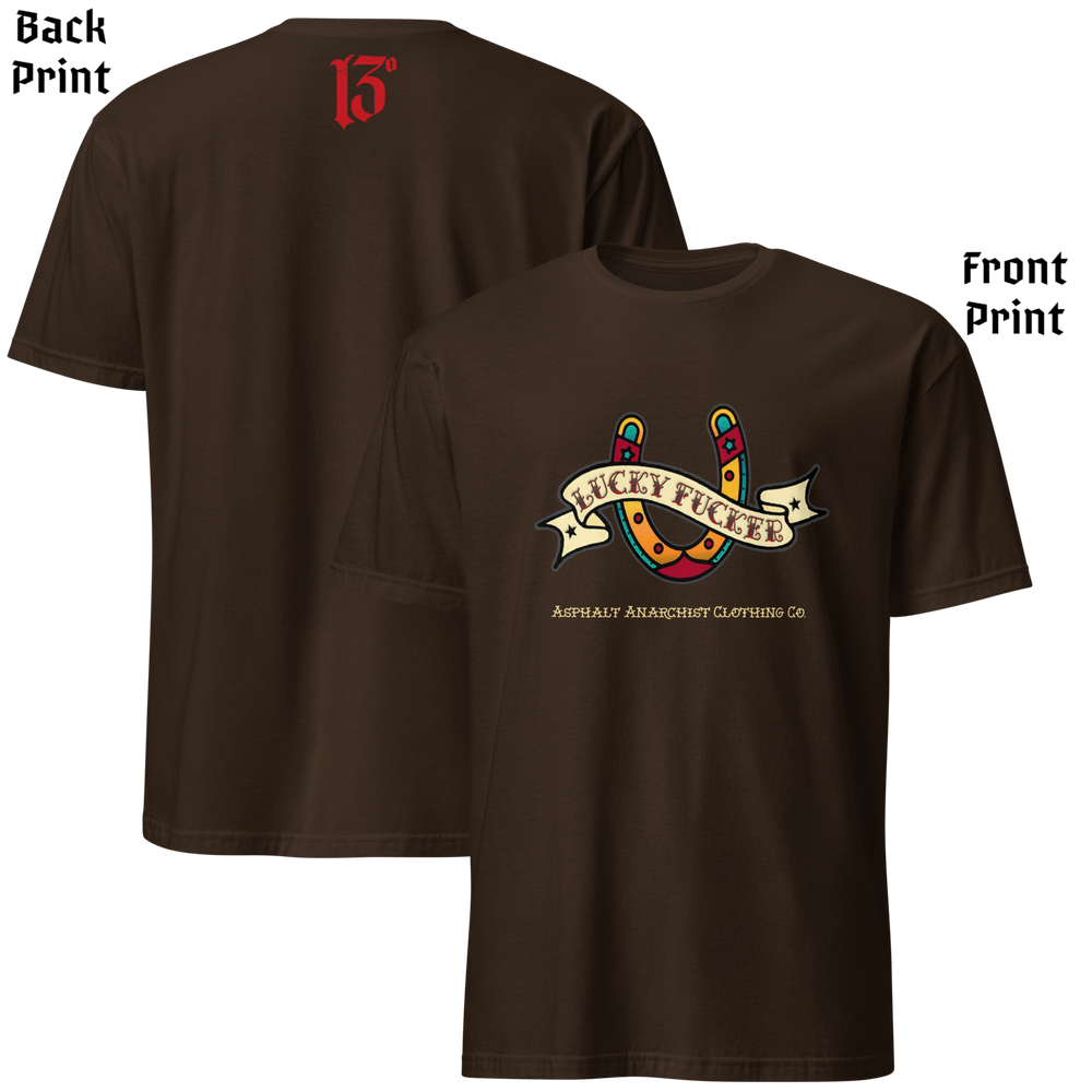 
                  
                    Front & back view of the Lucky Fucker Soft from Asphalt Anarchist. Soft-Style brown tee with American Traditional tattoo-inspired front graphic with “Lucky Fucker” banner, subtle 13 print on back collar. AI Generated Image.
                  
                