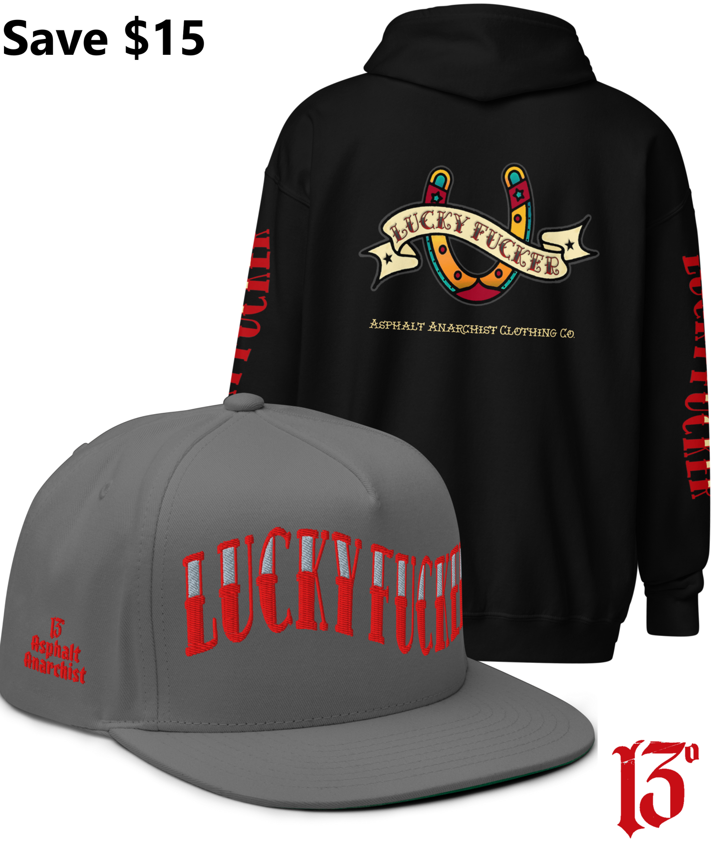 
                  
                    Back view of the Lucky Fucker Heavy Zipper Hoodie in black and the Lucky Fucker Snapback in gray by Asphalt Anarchist Clothing Co. Featuring American traditional tattoo horseshoe & banner artwork and sailor font details. AI Generated Image.
                  
                