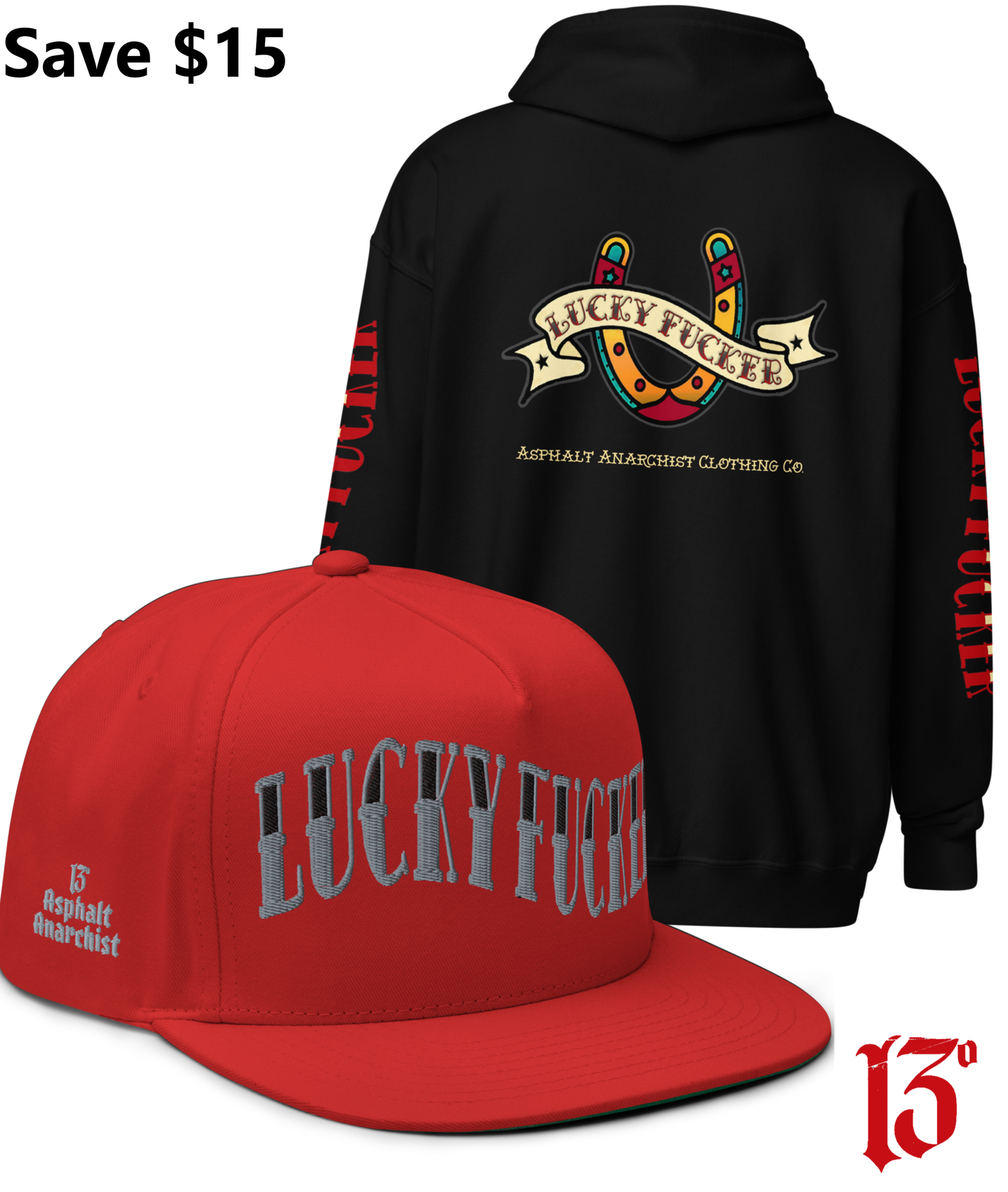 
                  
                    Back view of the Lucky Fucker Heavy Zipper Hoodie in black and the Lucky Fucker Snapback in red by Asphalt Anarchist Clothing Co. Featuring American traditional tattoo horseshoe & banner artwork and sailor font details. AI Generated Image.
                  
                