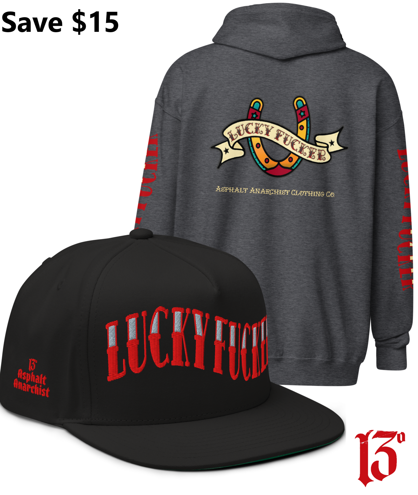 
                  
                    Back view of the Lucky Fucker Heavy Zipper Hoodie in gray and the Lucky Fucker Snapback in black by Asphalt Anarchist Clothing Co. Featuring American traditional tattoo horseshoe & banner artwork and sailor font details. AI Generated Image.
                  
                