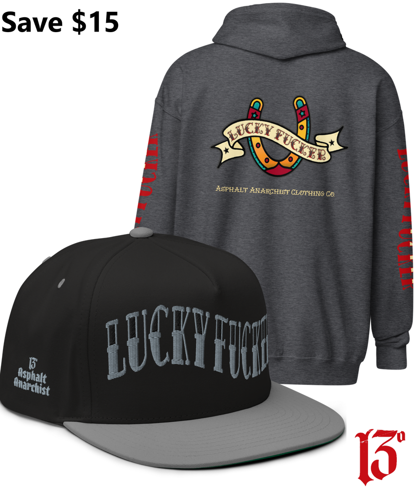 
                  
                    Back view of the Lucky Fucker Heavy Zipper Hoodie in gray and the Lucky Fucker Snapback in black & gray by Asphalt Anarchist Clothing Co. Featuring American traditional tattoo horseshoe & banner artwork and sailor font details. AI Generated Image.
                  
                
