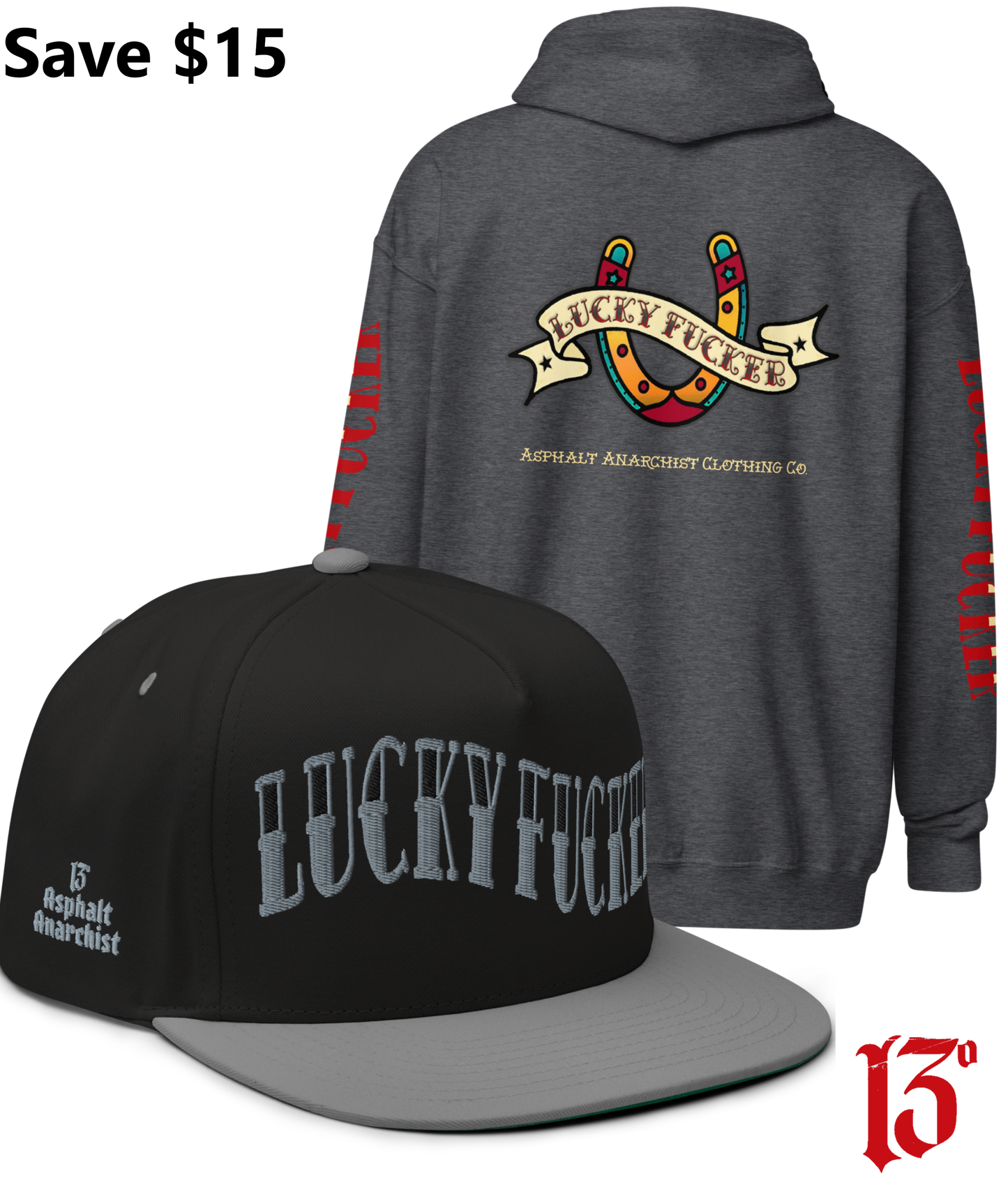 
                  
                    Back view of the Lucky Fucker Heavy Zipper Hoodie in gray and the Lucky Fucker Snapback in black & gray by Asphalt Anarchist Clothing Co. Featuring American traditional tattoo horseshoe & banner artwork and sailor font details. AI Generated Image.
                  
                