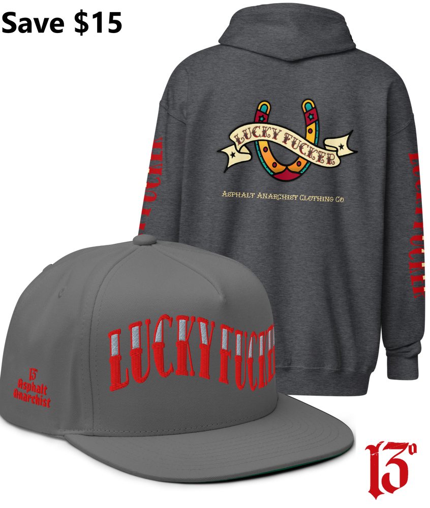 
                  
                    Back view of the Lucky Fucker Heavy Zipper Hoodie in gray and the Lucky Fucker Snapback in gray by Asphalt Anarchist Clothing Co. Featuring American traditional tattoo horseshoe & banner artwork and sailor font details. AI Generated Image.
                  
                