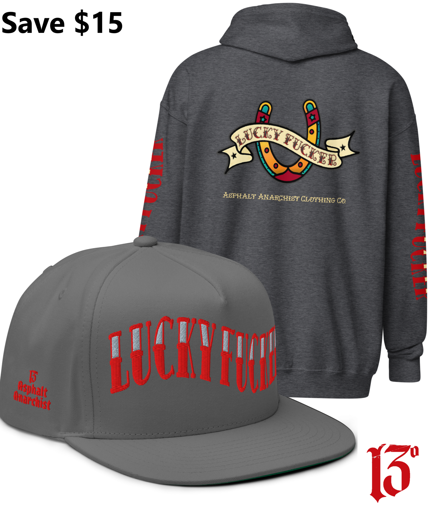 
                  
                    Back view of the Lucky Fucker Heavy Zipper Hoodie in gray and the Lucky Fucker Snapback in gray by Asphalt Anarchist Clothing Co. Featuring American traditional tattoo horseshoe & banner artwork and sailor font details. AI Generated Image.
                  
                