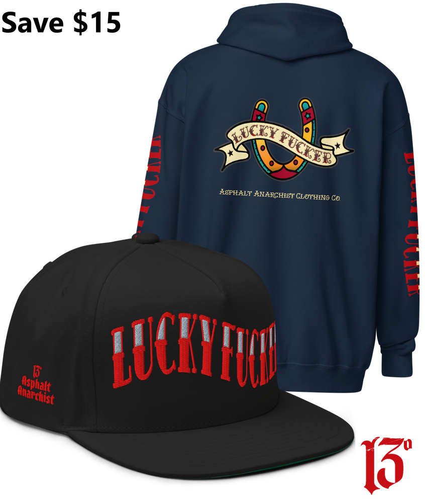 
                  
                    Back view of the Lucky Fucker Heavy Zipper Hoodie in navy and the Lucky Fucker Snapback in black by Asphalt Anarchist Clothing Co. Featuring American traditional tattoo horseshoe & banner artwork and sailor font details. AI Generated Image.
                  
                