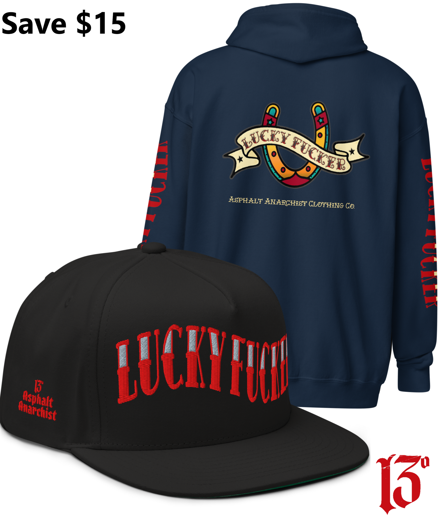 
                  
                    Back view of the Lucky Fucker Heavy Zipper Hoodie in navy and the Lucky Fucker Snapback in black by Asphalt Anarchist Clothing Co. Featuring American traditional tattoo horseshoe & banner artwork and sailor font details. AI Generated Image.
                  
                