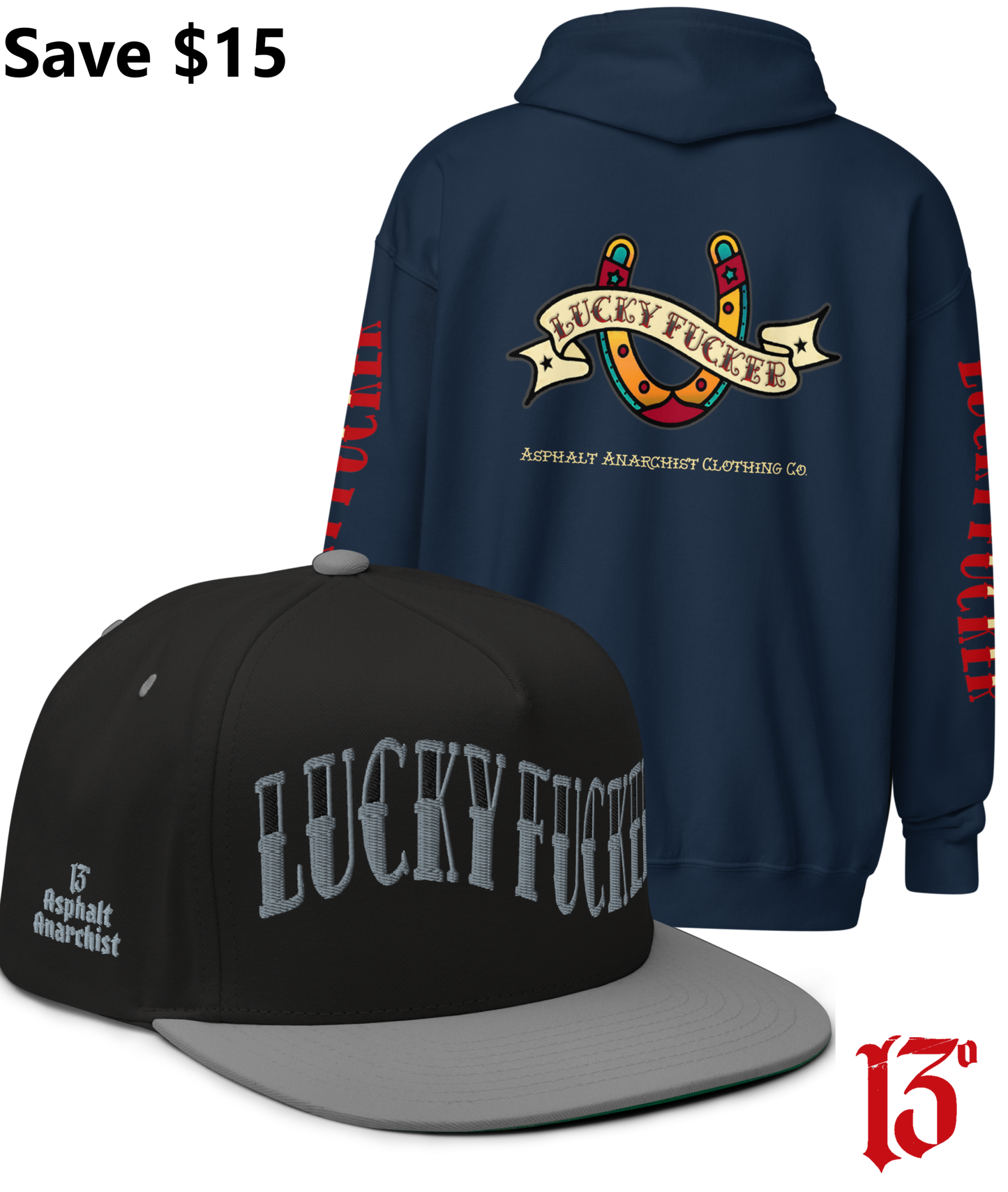 
                  
                    Back view of the Lucky Fucker Heavy Zipper Hoodie in navy and the Lucky Fucker Snapback in black & gray by Asphalt Anarchist Clothing Co. Featuring American traditional tattoo horseshoe & banner artwork and sailor font details. AI Generated Image.
                  
                