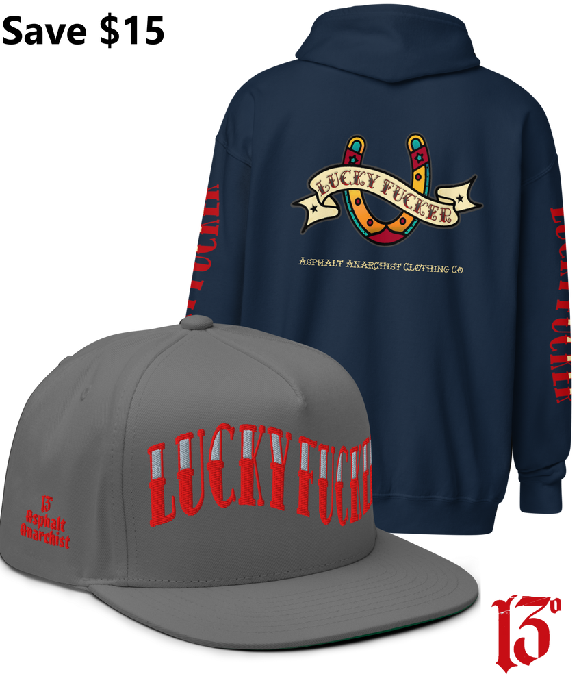 
                  
                    Back view of the Lucky Fucker Heavy Zipper Hoodie in navy and the Lucky Fucker Snapback in gray by Asphalt Anarchist Clothing Co. Featuring American traditional tattoo horseshoe & banner artwork and sailor font details. AI Generated Image.
                  
                