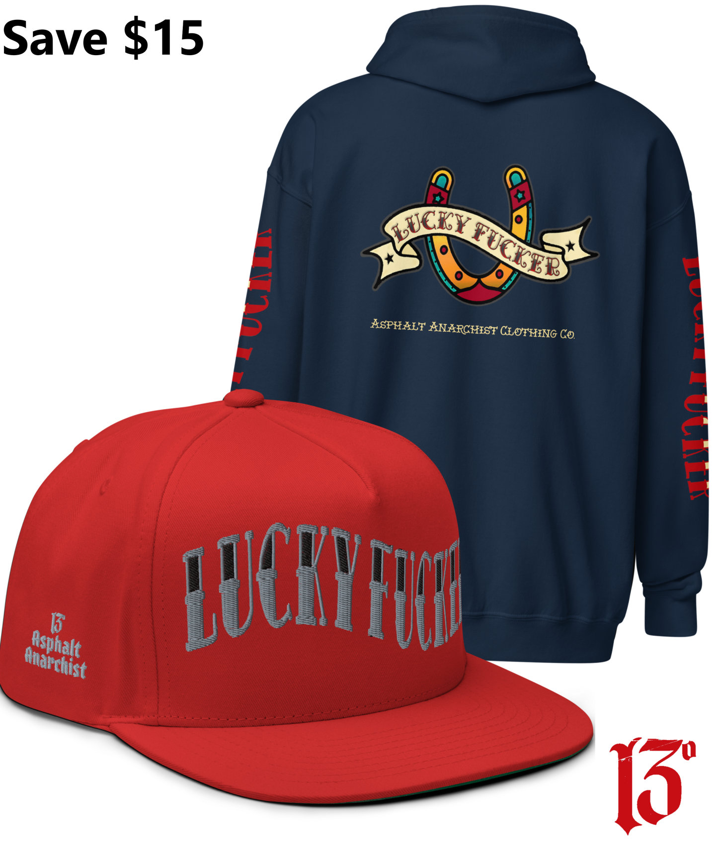 
                  
                    Back view of the Lucky Fucker Heavy Zipper Hoodie in navy and the Lucky Fucker Snapback in red by Asphalt Anarchist Clothing Co. Featuring American traditional tattoo horseshoe & banner artwork and sailor font details. AI Generated Image.
                  
                